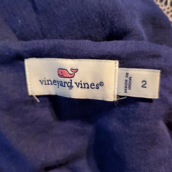 Vineyard Vines Linen Dress Sz 2 Embroidered V Neck Navy Blue White Cap Sleeves - Picture 4 of 7